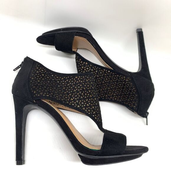 BCBGeneration Kadia Black Sz 7.5 Suede Lattice Stiletto Open Toe Zip Closure - Picture 6 of 13